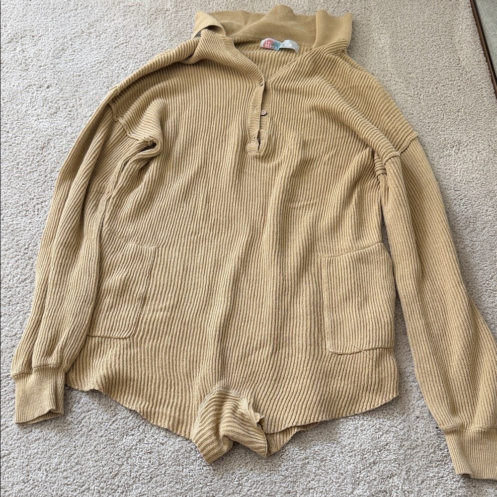 Free people Women's Knit Henley Sweater jumpsuit in Camel